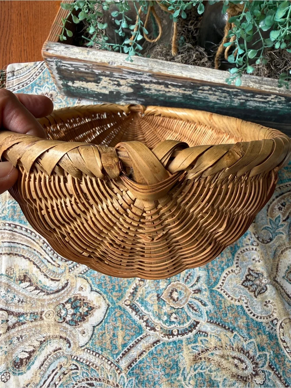 Hand Woven Split Reed Basket Oval Gathering Basket Vintage Farmhouse Decor